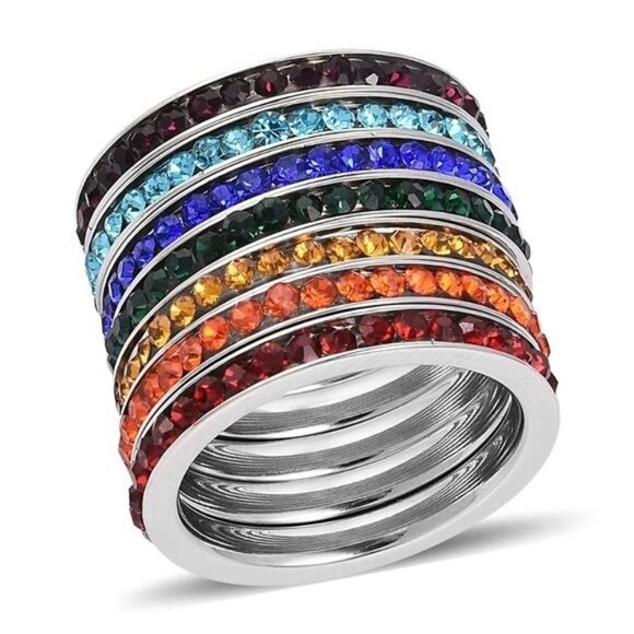 7 Austrian Crystal ✦ Chakra Stackable Rings ✦ Stainless Steel ✦ Size 8 ✦ NWT - Picture 1 of 6